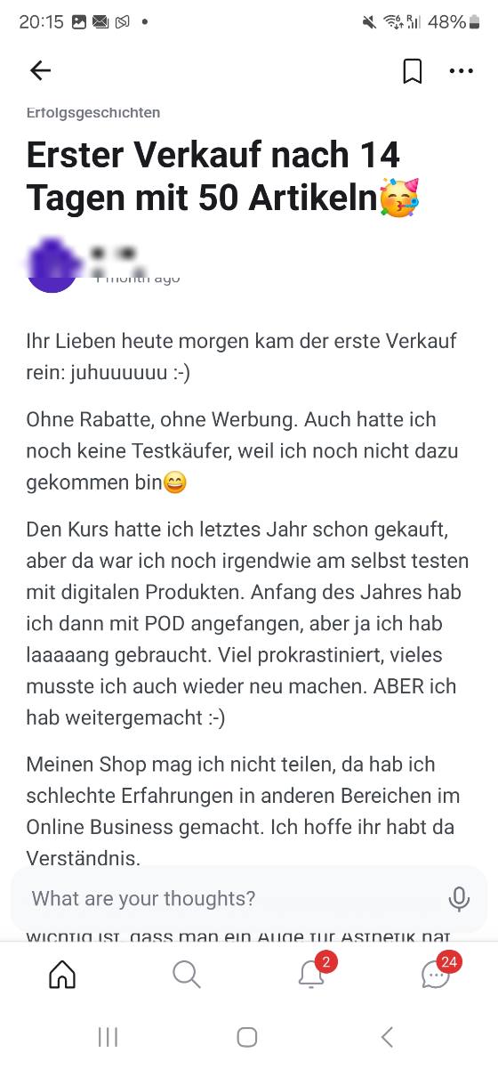Erfahrungsbericht einer Teilnehmerin – Screenshot einer Nachricht