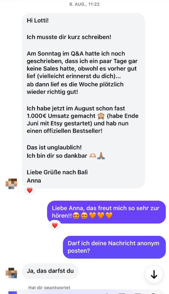 Erfahrungsbericht einer Teilnehmerin – Screenshot einer Nachricht