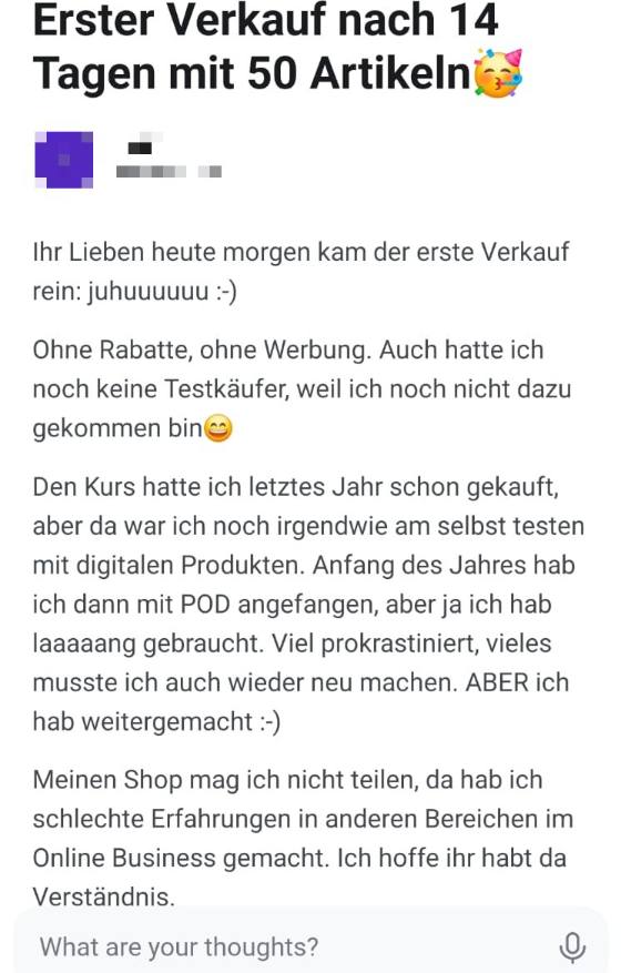 Erfahrungsbericht einer Teilnehmerin – Screenshot einer Nachricht