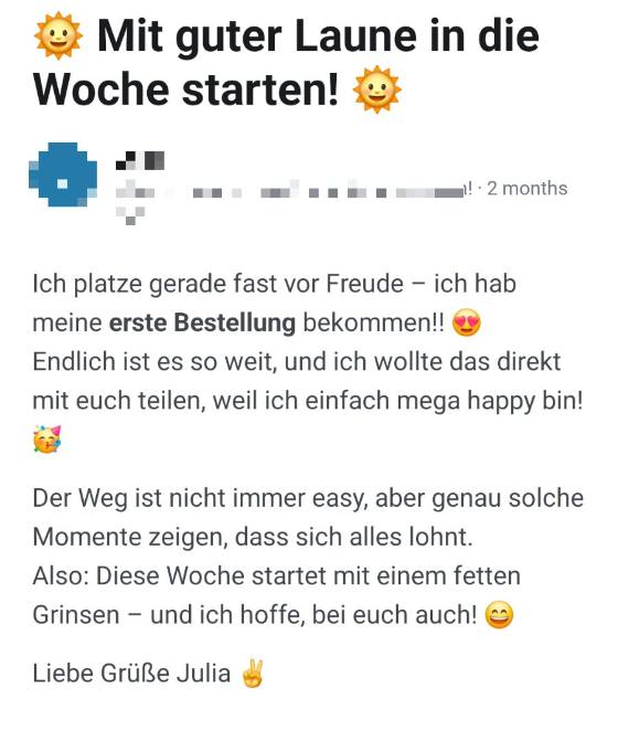 Erfahrungsbericht einer Teilnehmerin – Screenshot einer Nachricht
