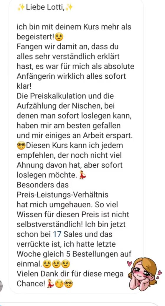 Erfahrungsbericht einer Teilnehmerin – Screenshot einer Nachricht