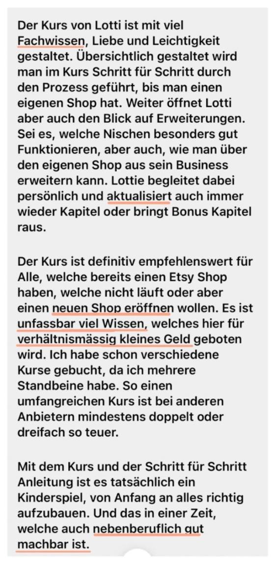 Erfahrungsbericht einer Teilnehmerin – Screenshot einer Nachricht