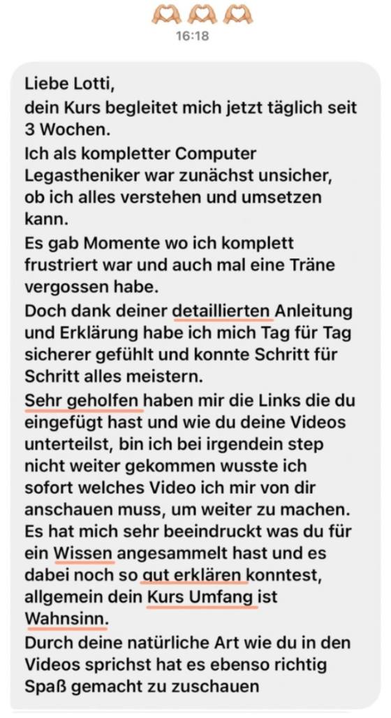 Erfahrungsbericht einer Teilnehmerin – Screenshot einer Nachricht