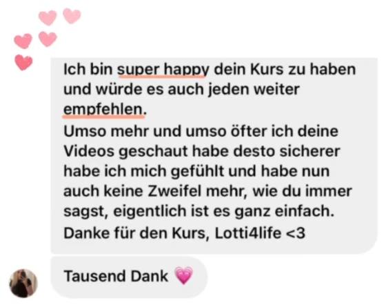 Erfahrungsbericht einer Teilnehmerin – Screenshot einer Nachricht