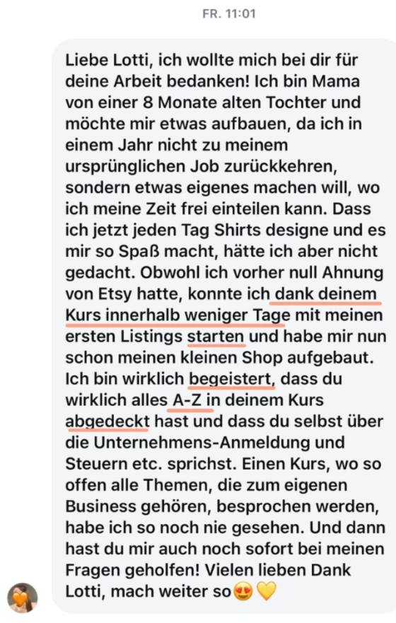 Erfahrungsbericht einer Teilnehmerin – Screenshot einer Nachricht