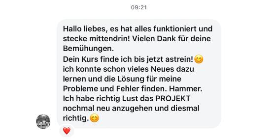 Erfahrungsbericht einer Teilnehmerin – Screenshot einer Nachricht