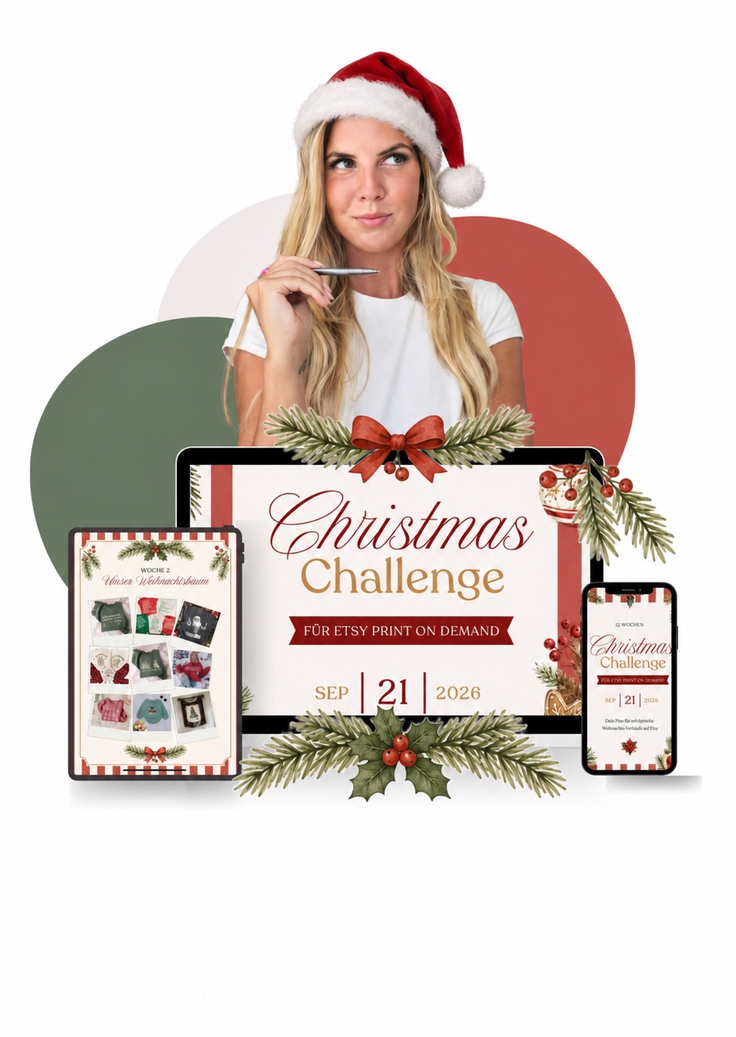 Lotti mit Weihnachtsmütze und die Christmas Challenge für Etsy Print on Demand, gezeigt auf Laptop, Tablet und Smartphone.