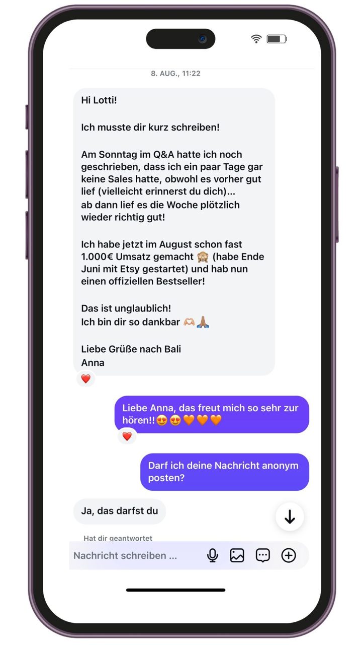 Nachricht an Lotti: Trotz Start im Sommerloch 1.000 € im 2. Monat