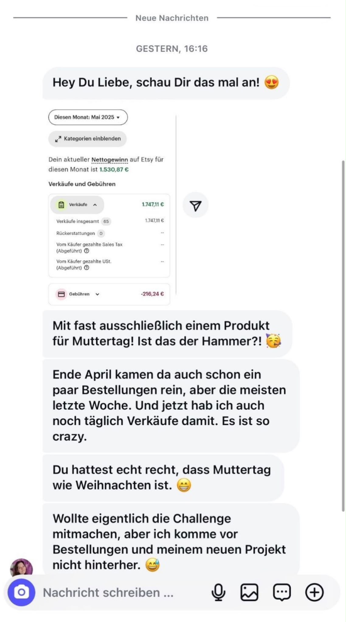 1.530 € Nettogewinn Muttertag