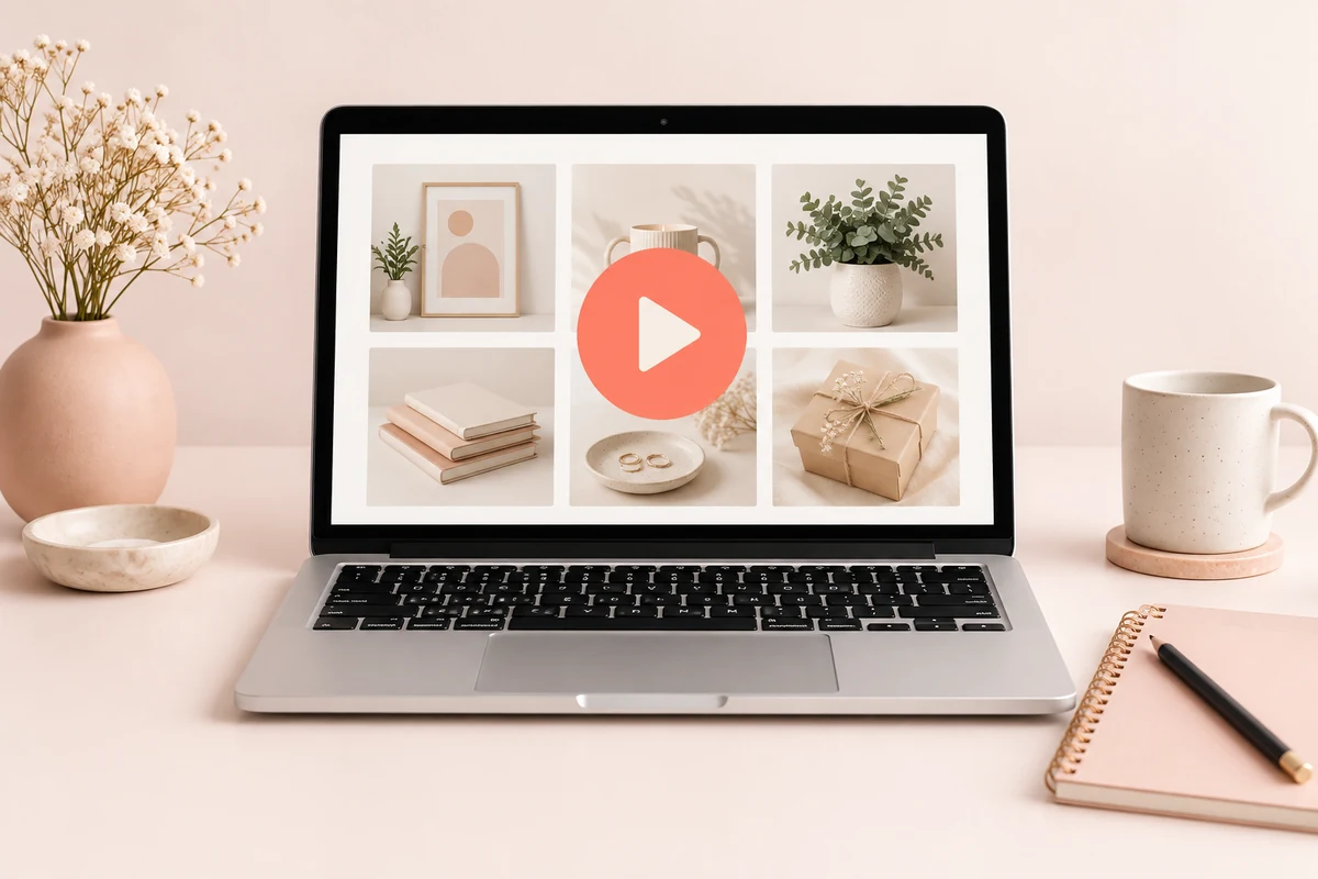 Produktmotiv zur Video-Shopanalyse: Laptop mit Shopübersicht und Videosymbol