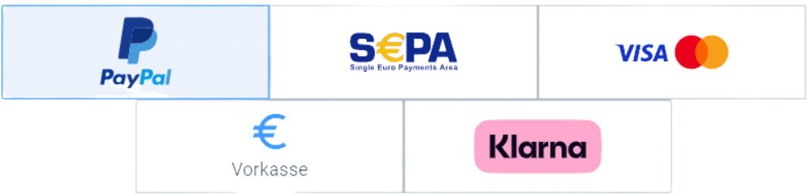 Zahlungsarten aus dem Masterclass-Angebot: PayPal, SEPA, Visa, Mastercard, Vorkasse und Klarna
